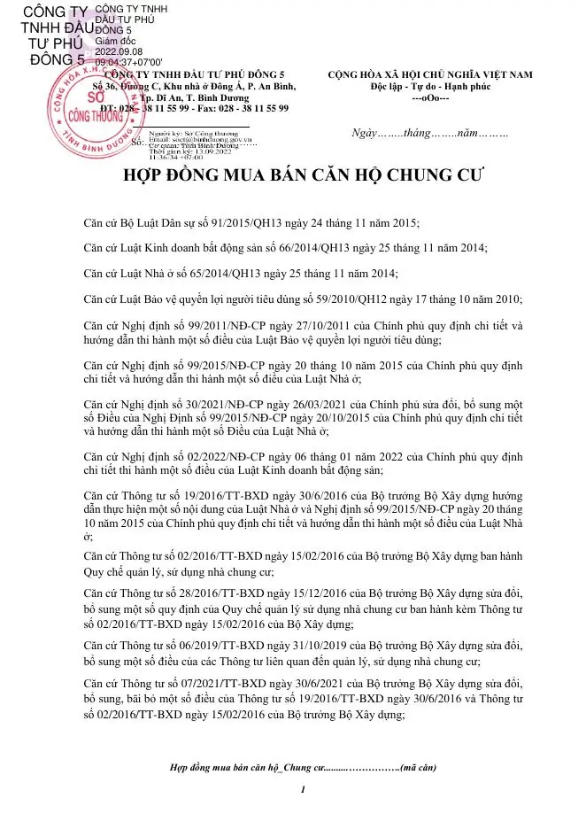 Mẫu hợp đồng mua bán căn hộ