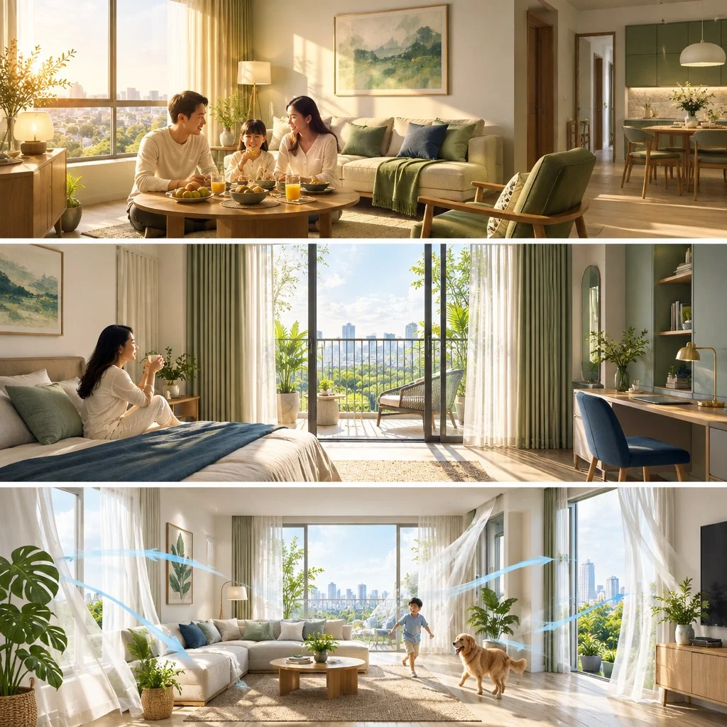 Minh họa ánh sáng buổi sáng, nắng buổi chiều và thông gió trong căn hộ, không phải mặt bằng thực tế Phú Đông SkyLight